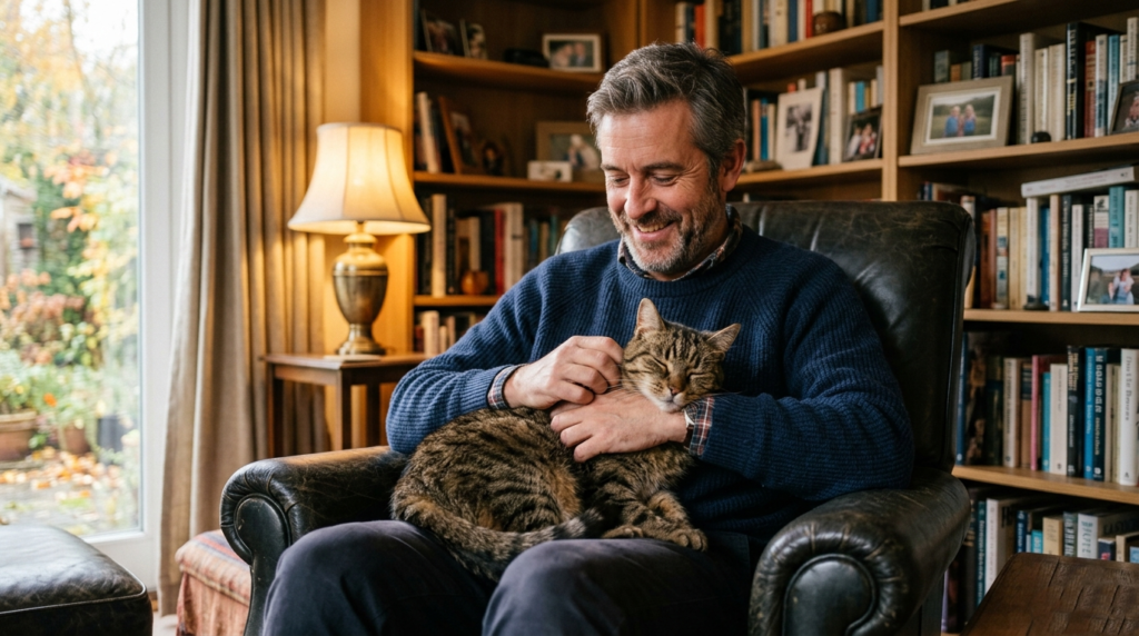 Homem barbudo sentado e sorrindo enquanto acaricia um gato malhado no colo em uma biblioteca doméstica rica em detalhes.